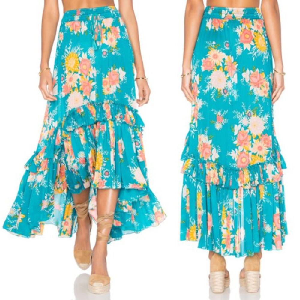 Spell Jagger Maxi Skirt Womens Sz L Teal Floral Smocked Waist Ruffle Trim Hi-Low